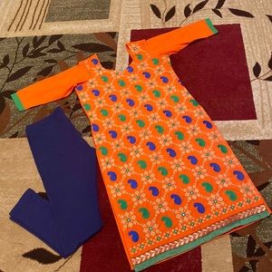 Orange Kurta with Multicolored Embroidery and Legging Set